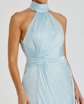 Light Blue Open Back High Neck Side Ruched Gown